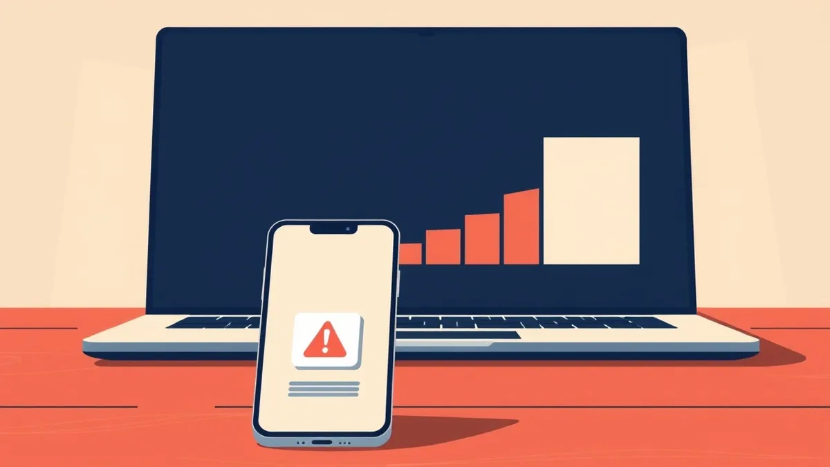 Illustration: A smartphone rests on a wooden table, its screen displaying a generic notification bubble with a red warning icon.