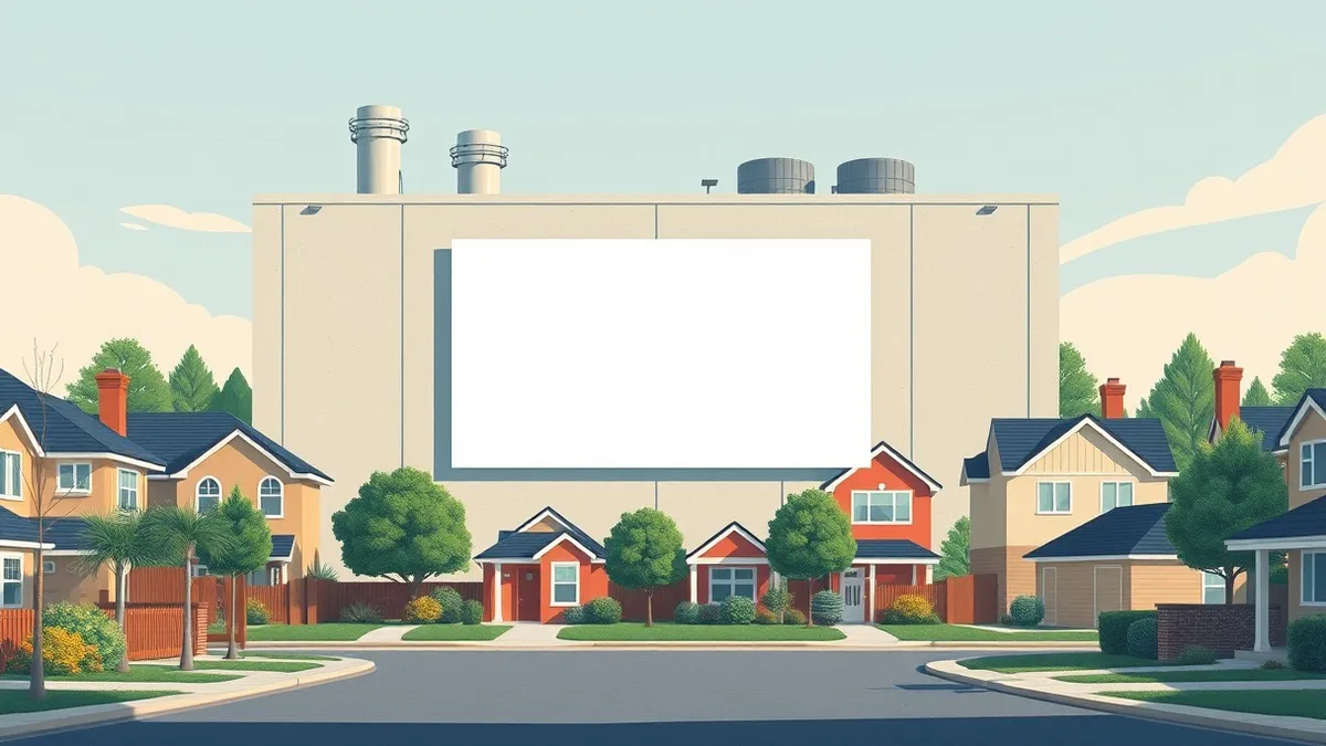 Illustration: A massive concrete warehouse with large ventilation fans sits in a quiet residential neighborhood.