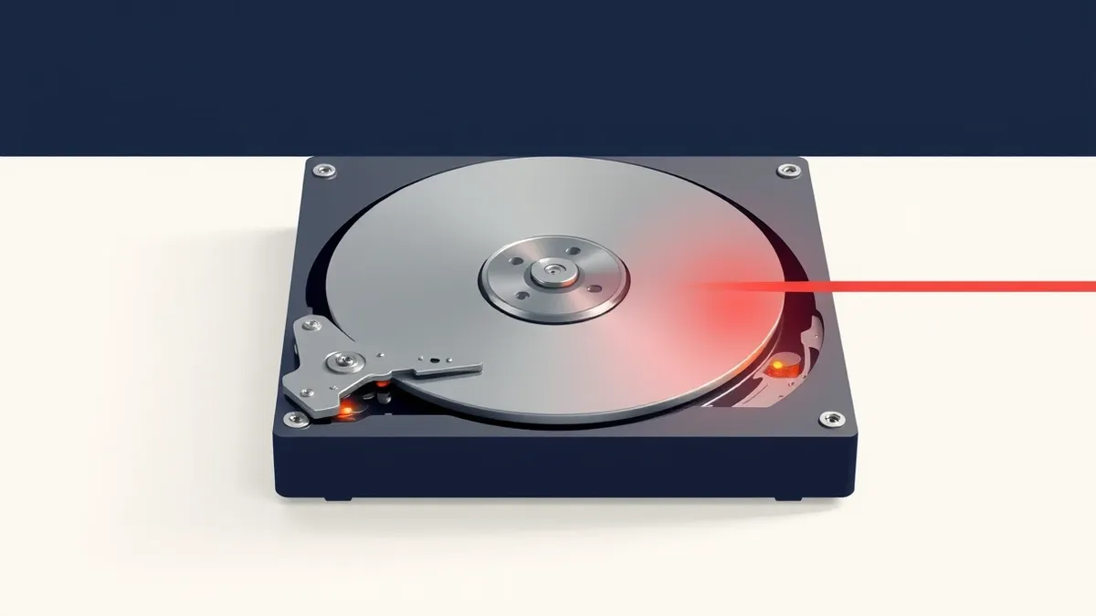 Illustration: A sleek silver hard drive sits on a white desk, its metal casing cracked open to reveal internal platters.