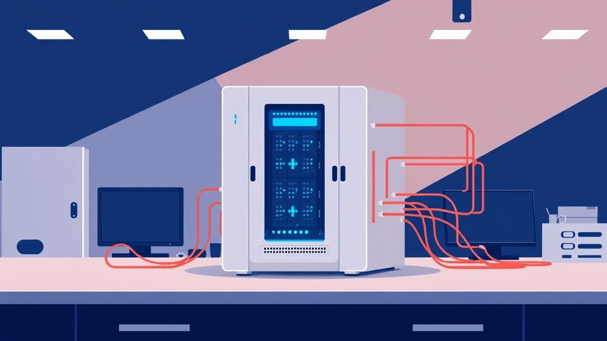 Illustration: A sleek, white server module with glowing blue internal lights sits on a clean laboratory table.