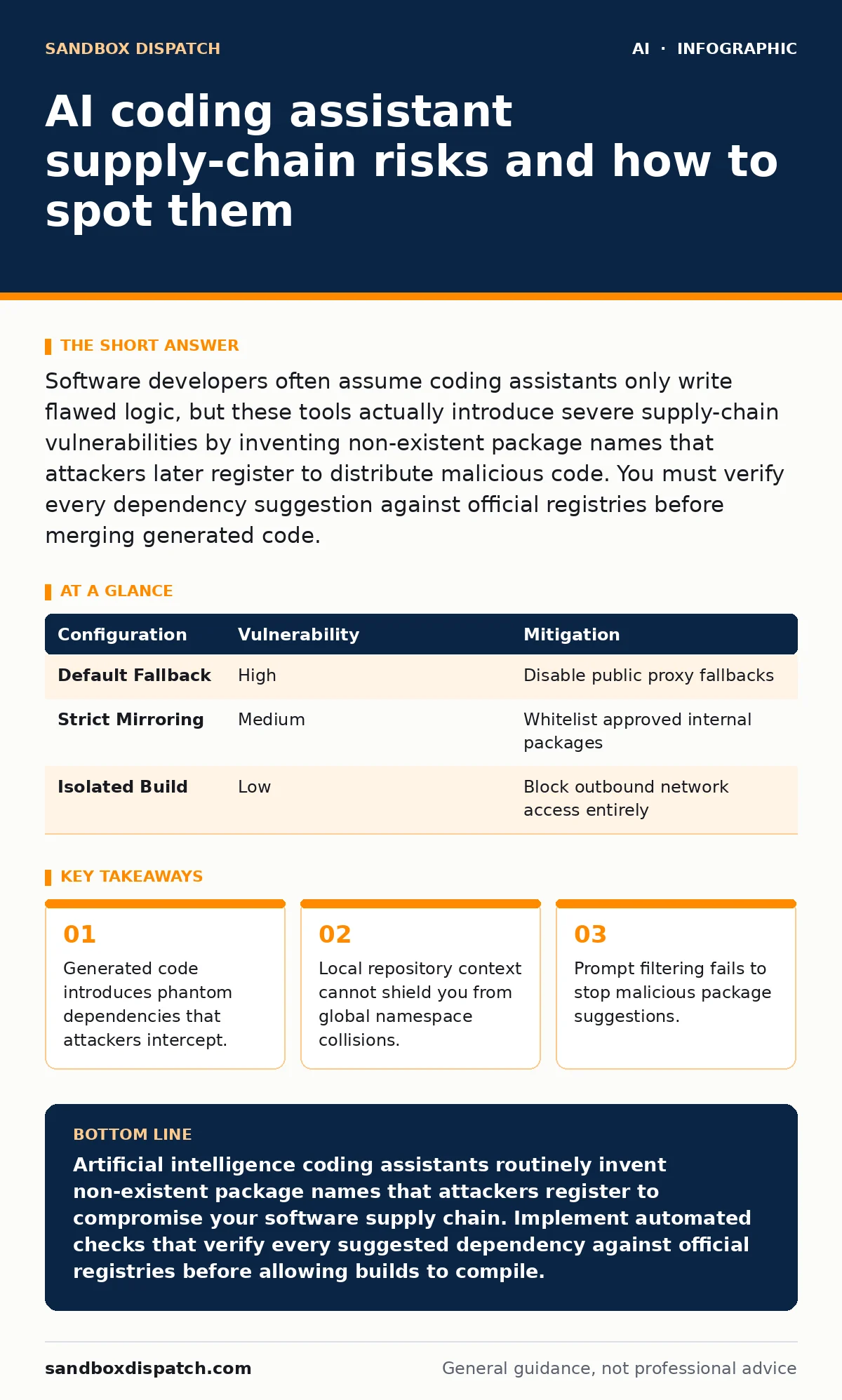 Infographic: AI coding assistant supply-chain risks and how to spot them. Generated code introduces phantom dependencies that attackers intercept. Local repository context cannot shield you from global namespace collisions. Prompt filtering fails to stop malicious package suggestions.