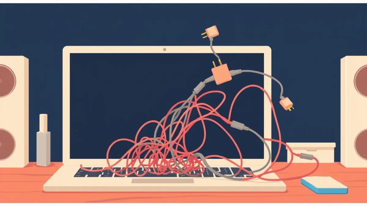 Illustration: A tangled web of broken, grey cables spills from a blank laptop screen onto a wooden desk.