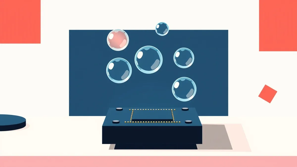 Illustration: A sleek black computer chip sits on a white desk, surrounded by floating translucent geometric shapes.