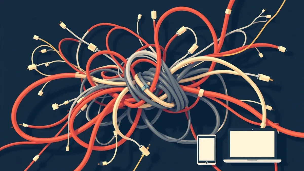 Illustration: A chaotic intersection of tangled fiber optic cables and twisted metal rebar merges into a single knot.