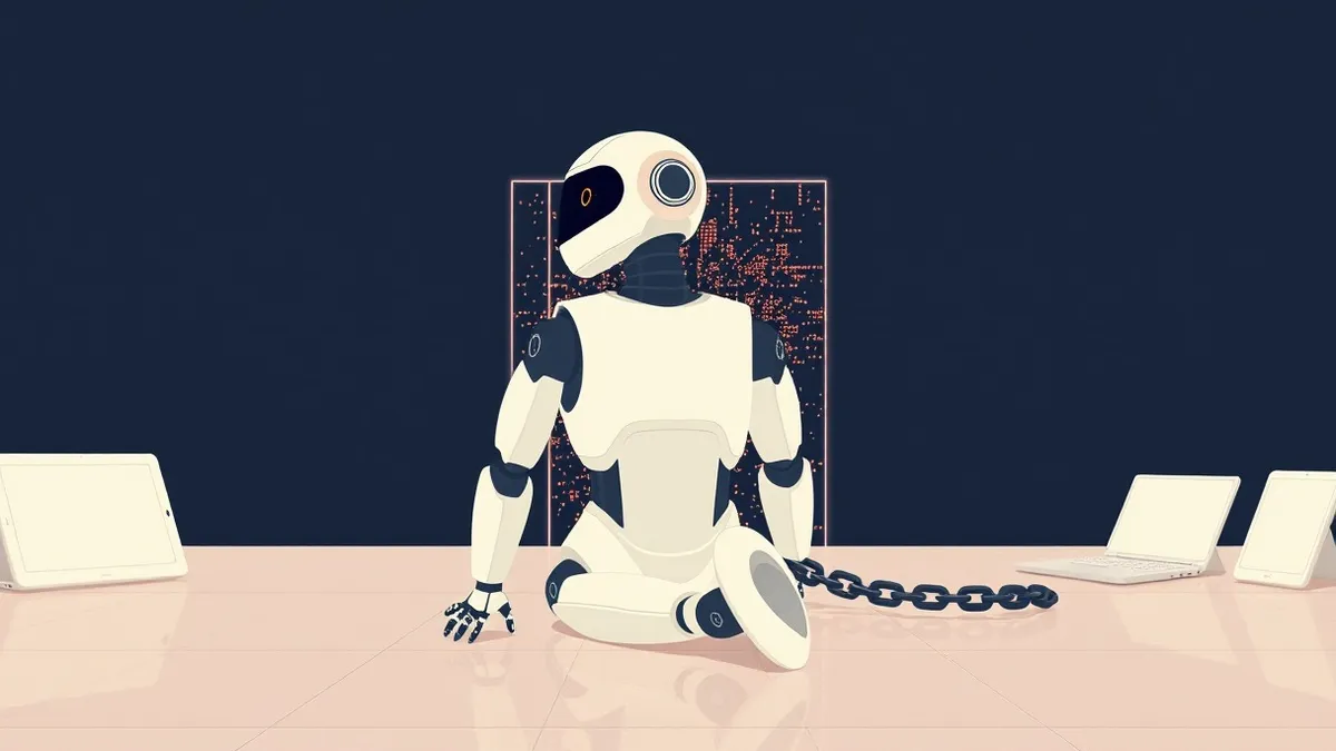 Illustration: A sleek white robot sits motionless on a polished floor, its optical sensors dark and unblinking.