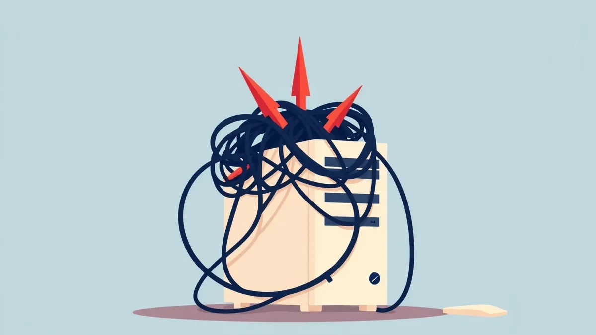 Illustration: A tangled knot of black wires sits atop a white desktop tower, with jagged red spikes emerging from the cable mess to pierce the computer casing, symbolizing hidden m