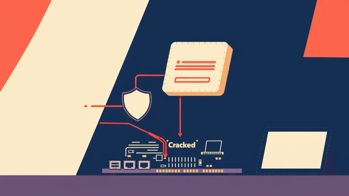 Illustration: A cracked firmware update package floats above a generic embedded device.