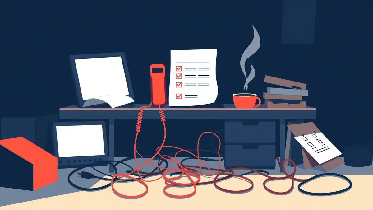 Illustration: A chaotic desk holds a single red phone and a crumpled paper checklist next to a steaming coffee cup.