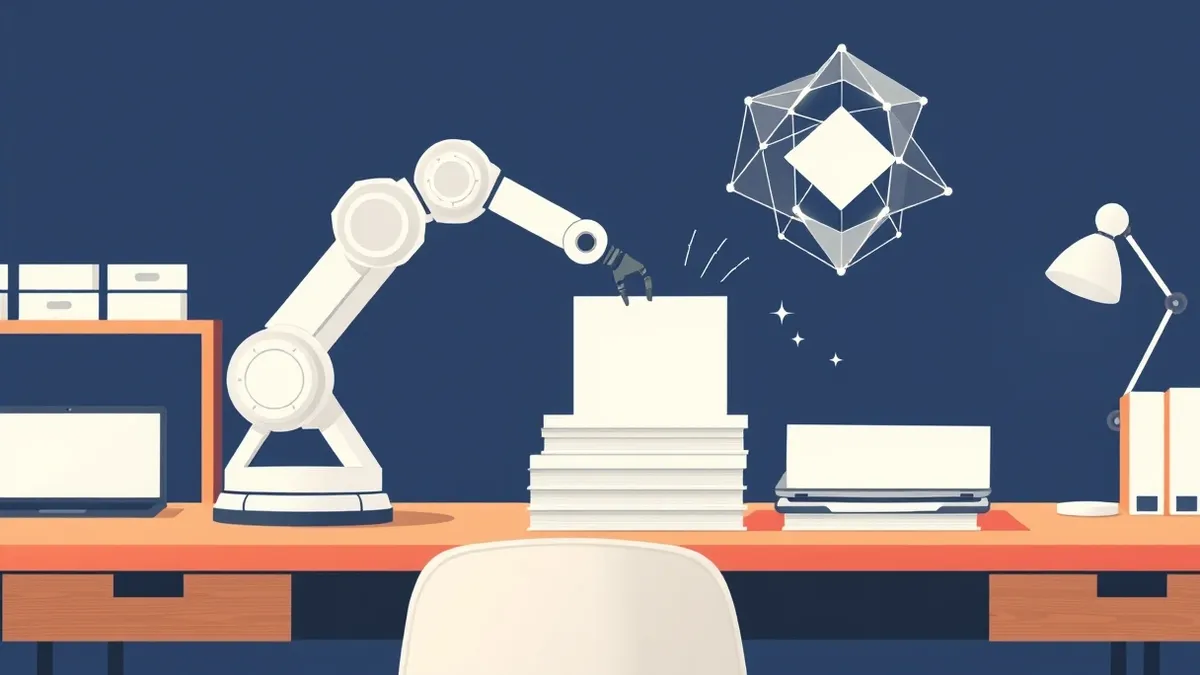 Illustration: A sleek white autonomous robot arm operates in a bright minimalist office.
