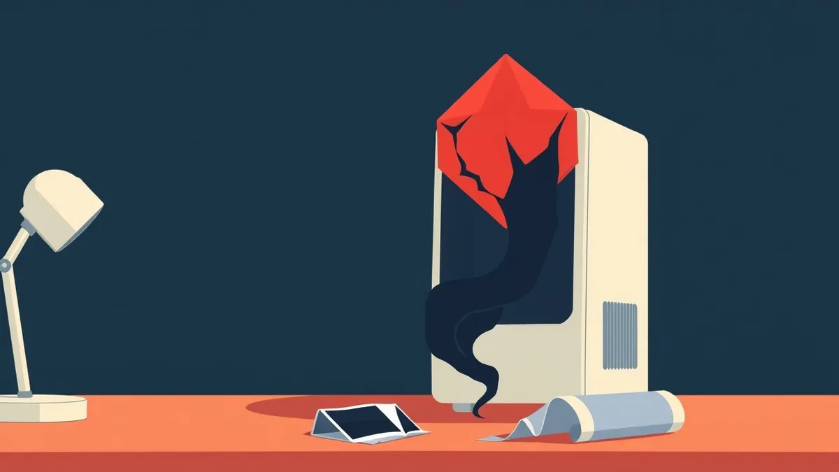 Illustration: A sleek white computer tower sits on a wooden desk with a single red gem-shaped icon hovering above it.