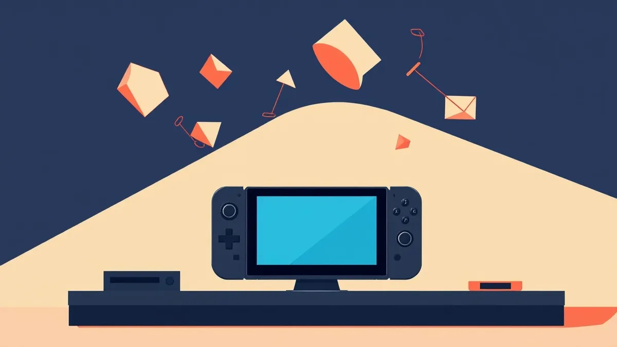 Illustration: A sleek black console sits on a desk, its blank screen casting a cool blue glow on the surrounding empty space.