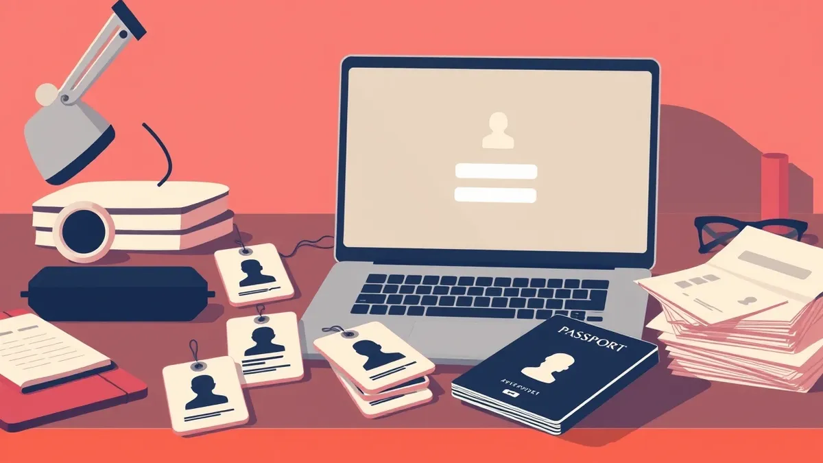 Illustration: A messy desk holds a laptop displaying a blank login window alongside scattered identification cards.