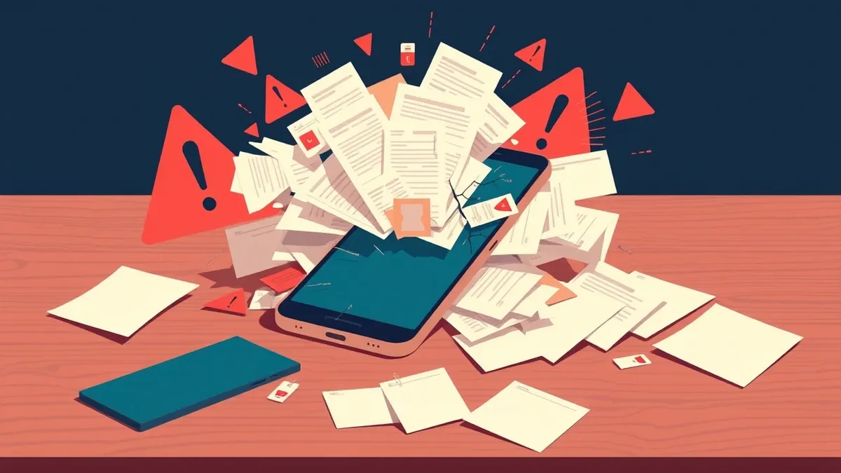 Illustration: A chaotic pile of digital ransom notes explodes from a cracked smartphone screen onto a sterile office desk.