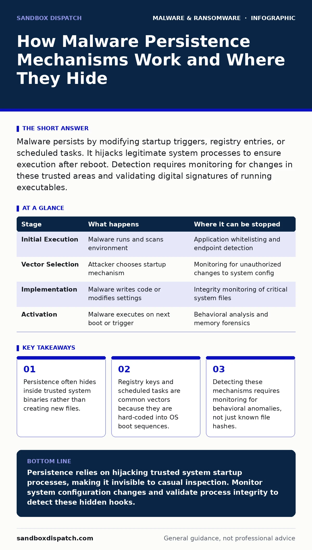 Infographic: How Malware Persistence Mechanisms Work and Where They Hide. Persistence often hides inside trusted system binaries rather than creating new files. Registry keys and scheduled tasks are common vectors because they are hard-coded into OS boot sequences. Detecting these mechanisms require