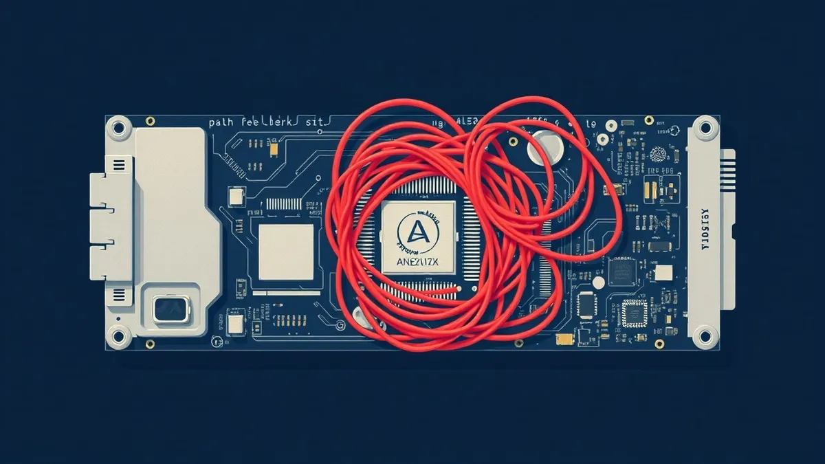 Illustration: A tangled knot of red wires wraps tightly around a silver computer motherboard, burrowing deep into the circuit board’s tiny metal pins and hidden slots beneath the m