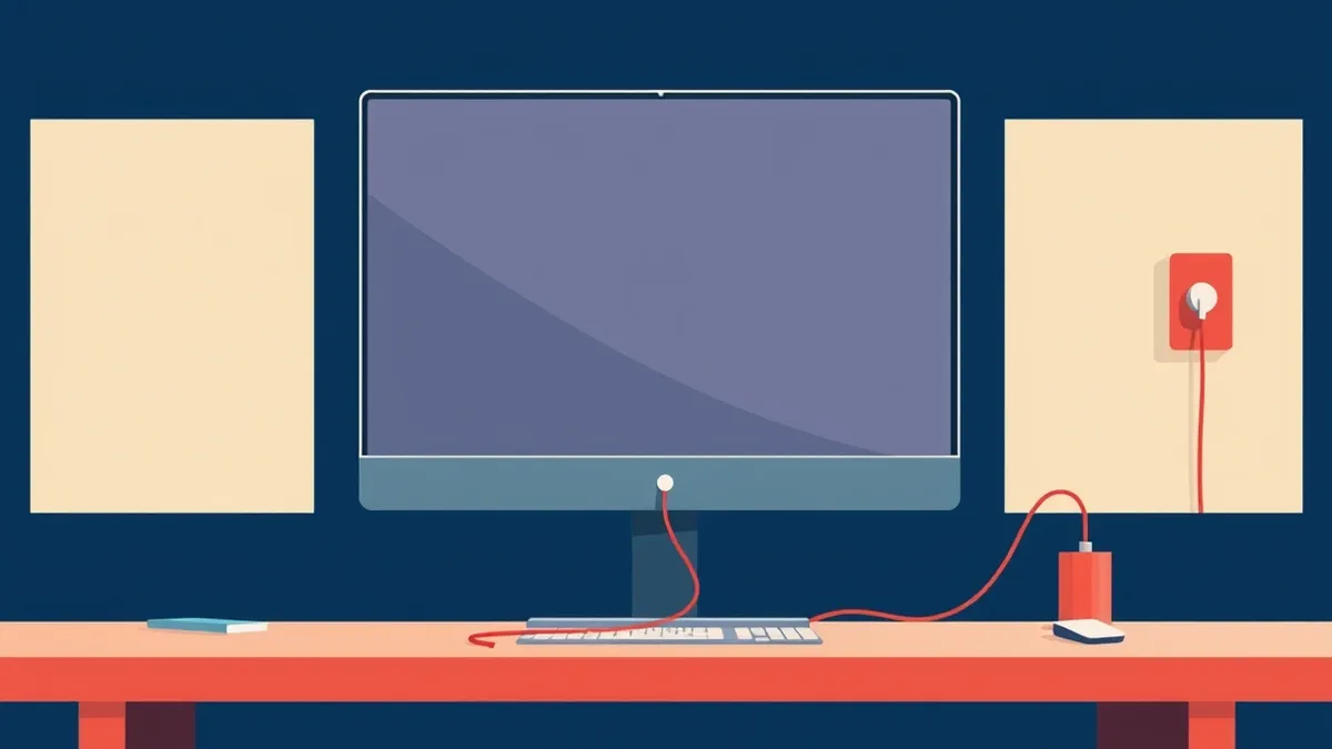 Illustration: A sleek office monitor displays a blank desktop interface with a subtle, thin red wire emerging from the power port.