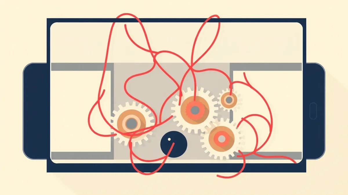 Illustration: A tangled web of loose red threads connects several misaligned metal gears inside a transparent glass box.