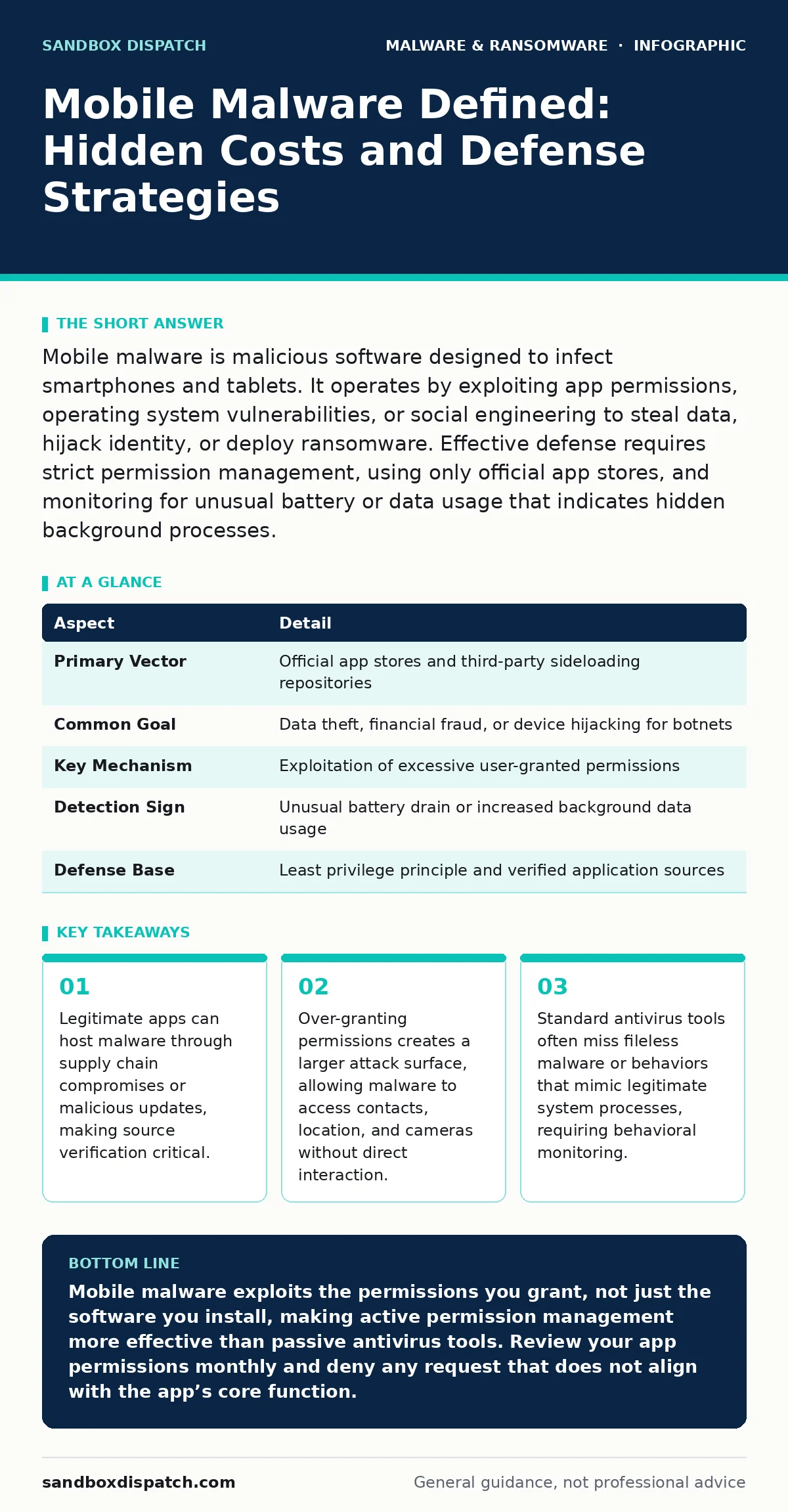 Infographic: Mobile Malware Defined: Hidden Costs and Defense Strategies. Legitimate apps can host malware through supply chain compromises or malicious updates, making source verification critical. Over-granting permissions creates a larger attack surface, allowing malware to access contacts, locat