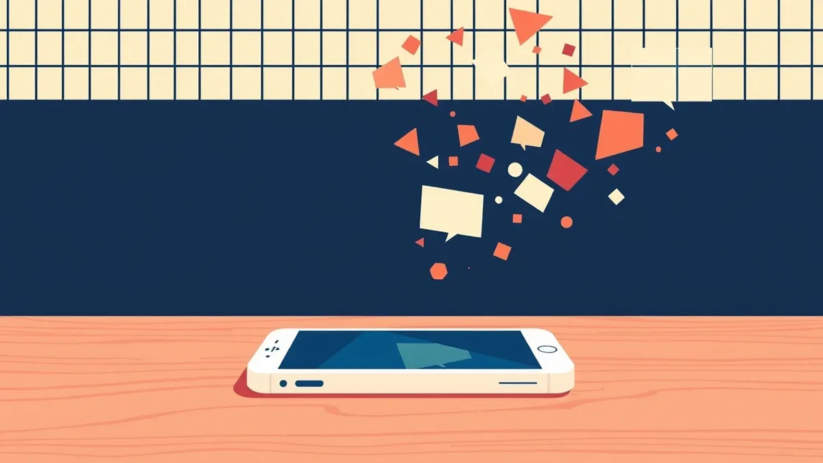 Illustration: A sleek white smartphone sits on a wooden desk with a blank screen showing abstract speech bubbles.