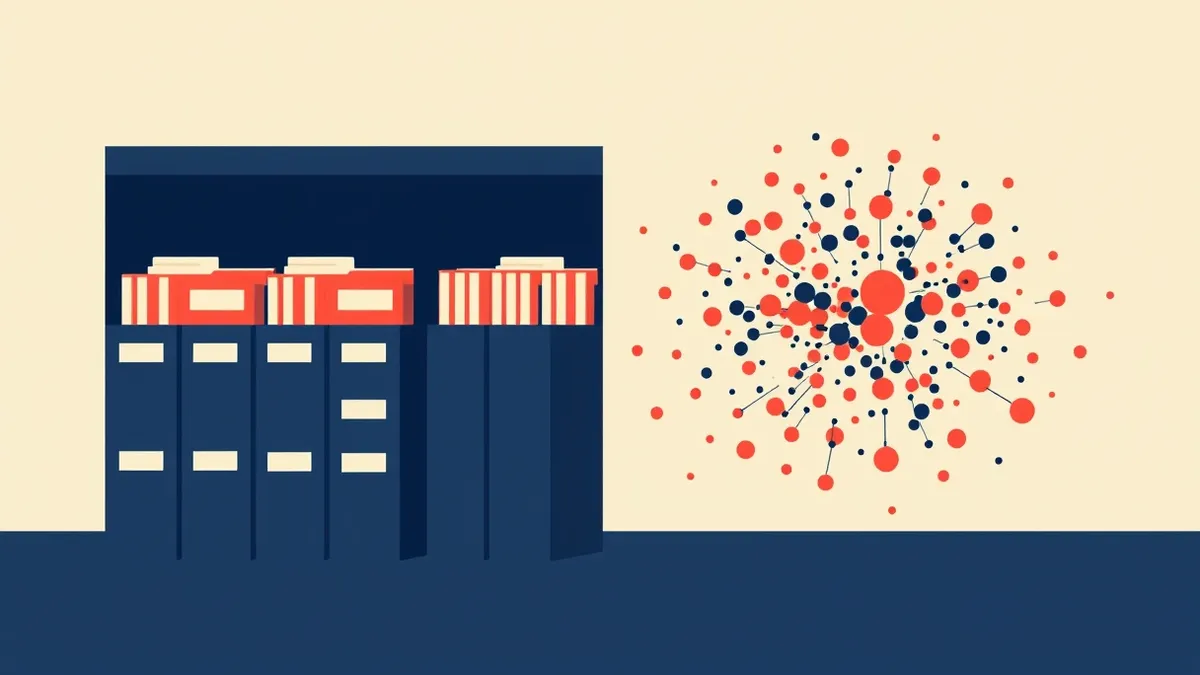 Illustration: A split scene contrasts a rigid grid of sealed file folders on one side with a chaotic swirl of floating data nodes on the other.