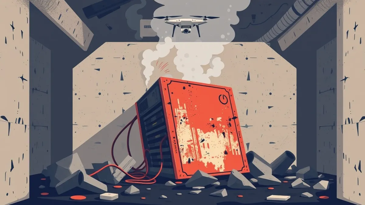 Illustration: A rusted metal server rack sits twisted inside the charred remains of a concrete bunker.