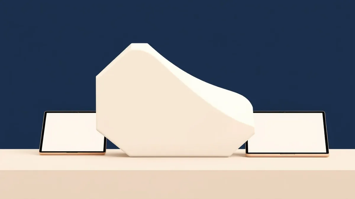Illustration: A smooth white geometric shape sits on a clean table.