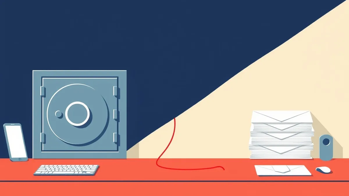 Illustration: A split workspace shows a heavy steel safe on the left and a neat stack of blank white envelopes on the right.