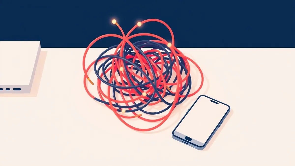 Illustration: A tangled knot of glowing fiber optic cables rests on a sterile white desk next to a blank smartphone screen, illustrating the chaotic and unpredictable nature of lar