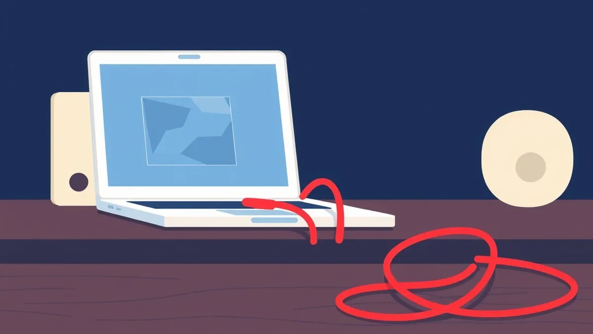 Illustration: A sleek white laptop sits open on a dark wooden desk, its screen displaying a simple blue window with abstract geometric shapes.