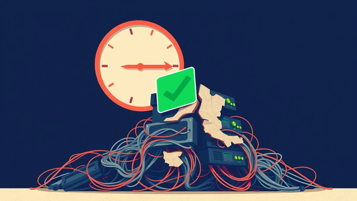 Illustration: A large digital clock with red hands ticks down toward zero above a tangled pile of tangled wires and stacked circuit boards.
