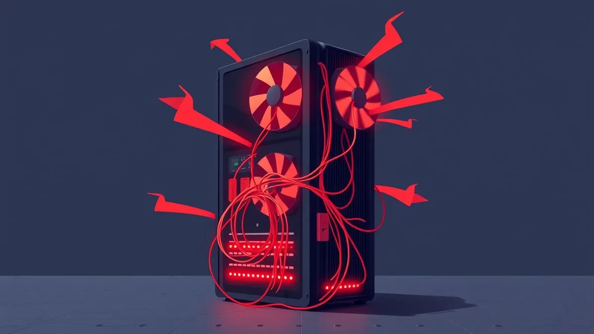 Illustration: A sleek black server tower sits isolated on a concrete floor, its cooling fans spinning violently fast.