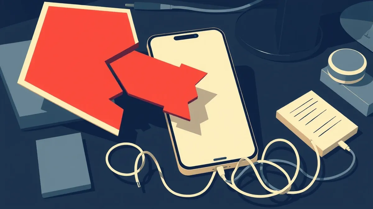 Illustration: A smartphone rests on a cluttered desk with its screen displaying a blank app interface.