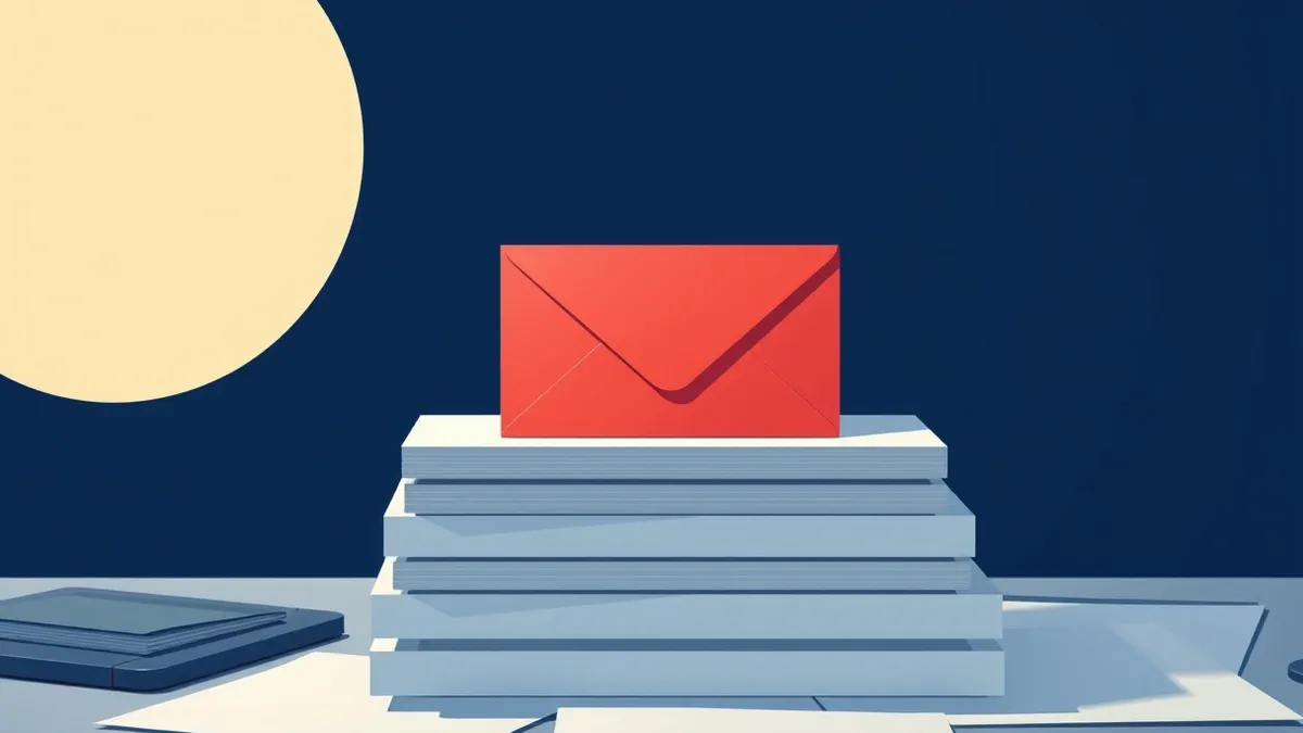 Illustration: A single red envelope sits prominently on a neat stack of blank white papers.