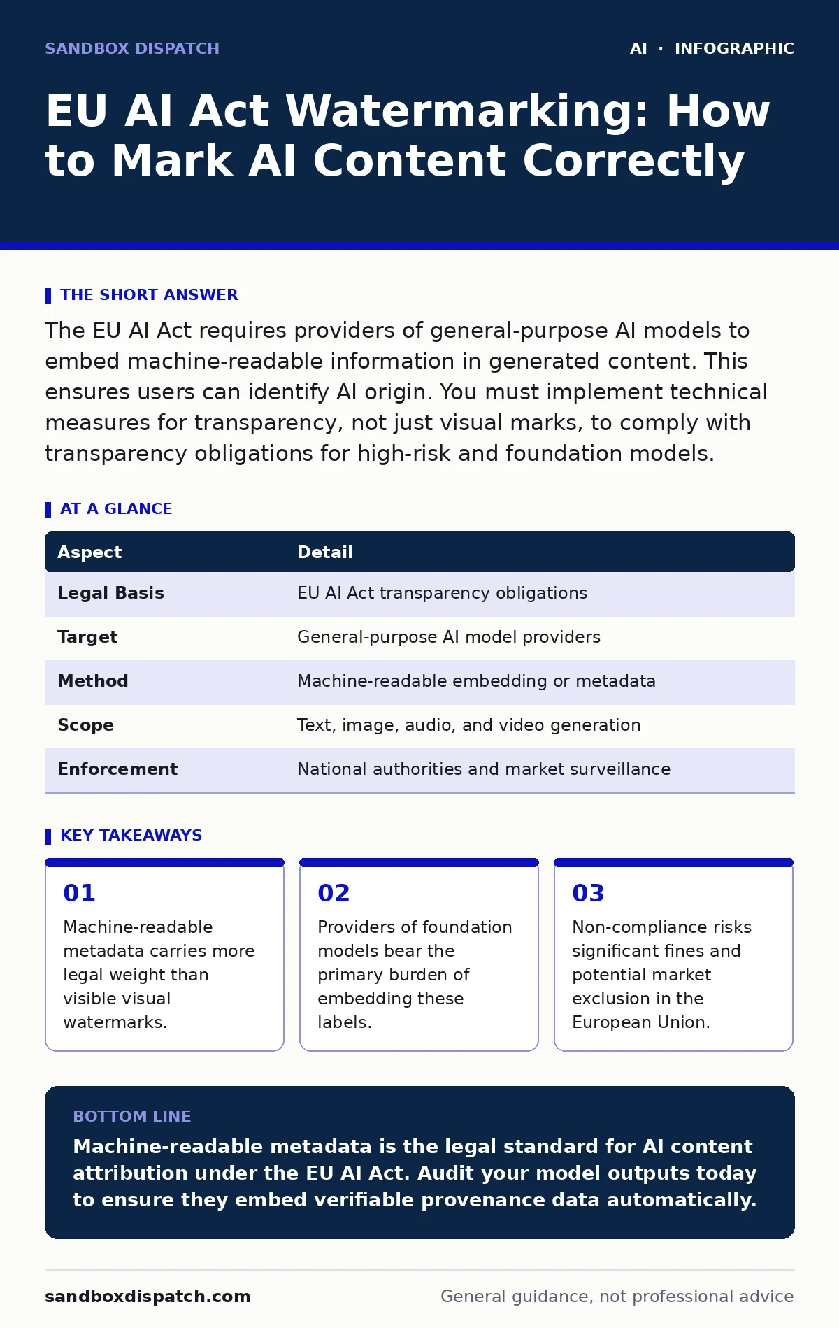 Infographic: EU AI Act Watermarking: How to Mark AI Content Correctly. Machine-readable metadata carries more legal weight than visible visual watermarks. Providers of foundation models bear the primary burden of embedding these labels. Non-compliance risks significant fines and potential market exc