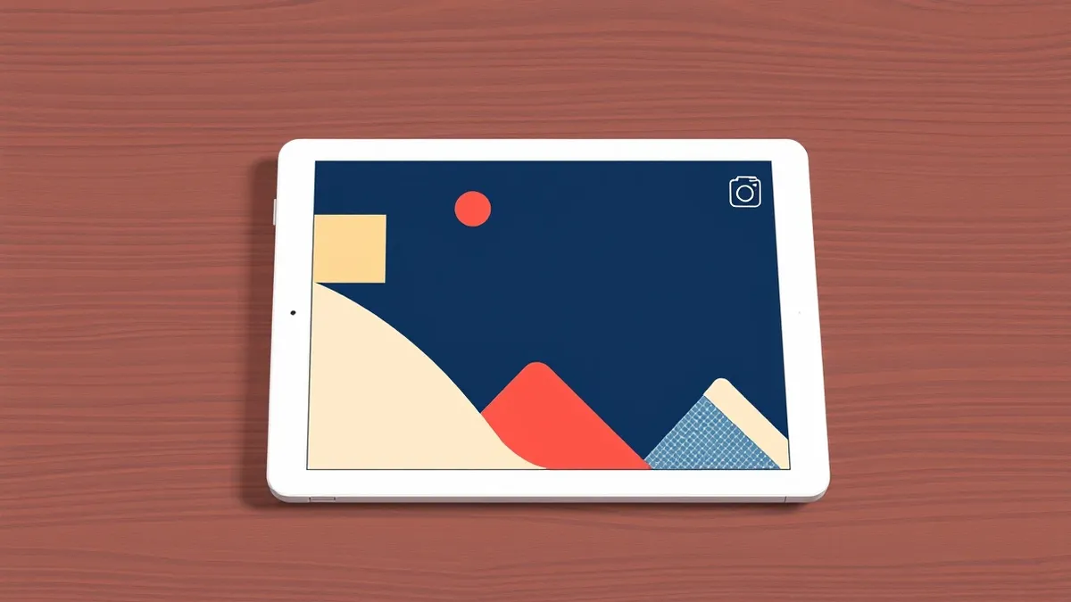 Illustration: A sleek white tablet rests on a wooden surface, its screen displaying a grid of colorful abstract shapes and geometric patterns.