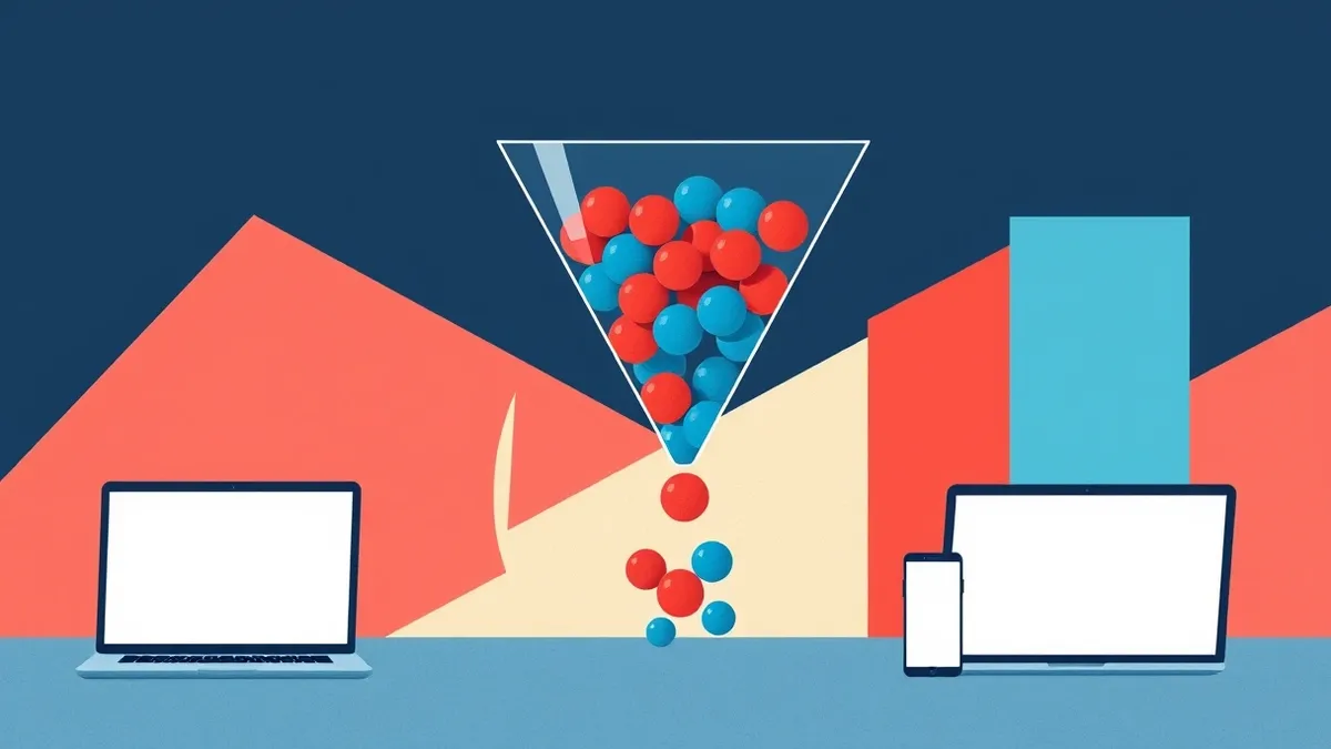 Illustration: A transparent glass funnel pours mixed red and blue spheres into a narrow pipe.