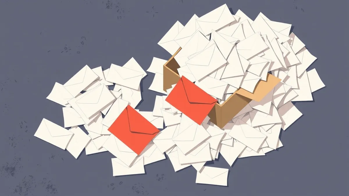 Illustration: A chaotic pile of identical white envelopes spills from a broken cardboard box onto a gray concrete floor.