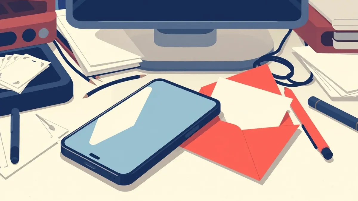 Illustration: A sleek smartphone rests on a cluttered office desk, its blank screen reflecting the harsh fluorescent light.