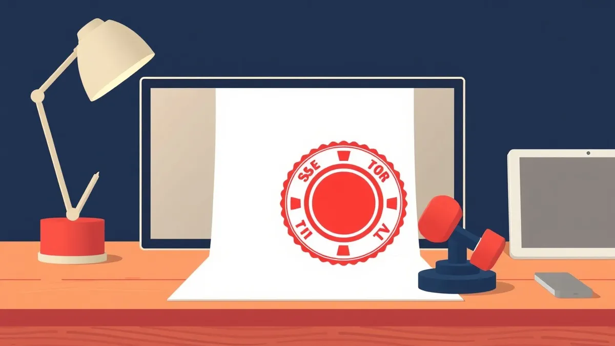 Illustration: A blank white document rests on a wooden desk next to a bright red stamp.