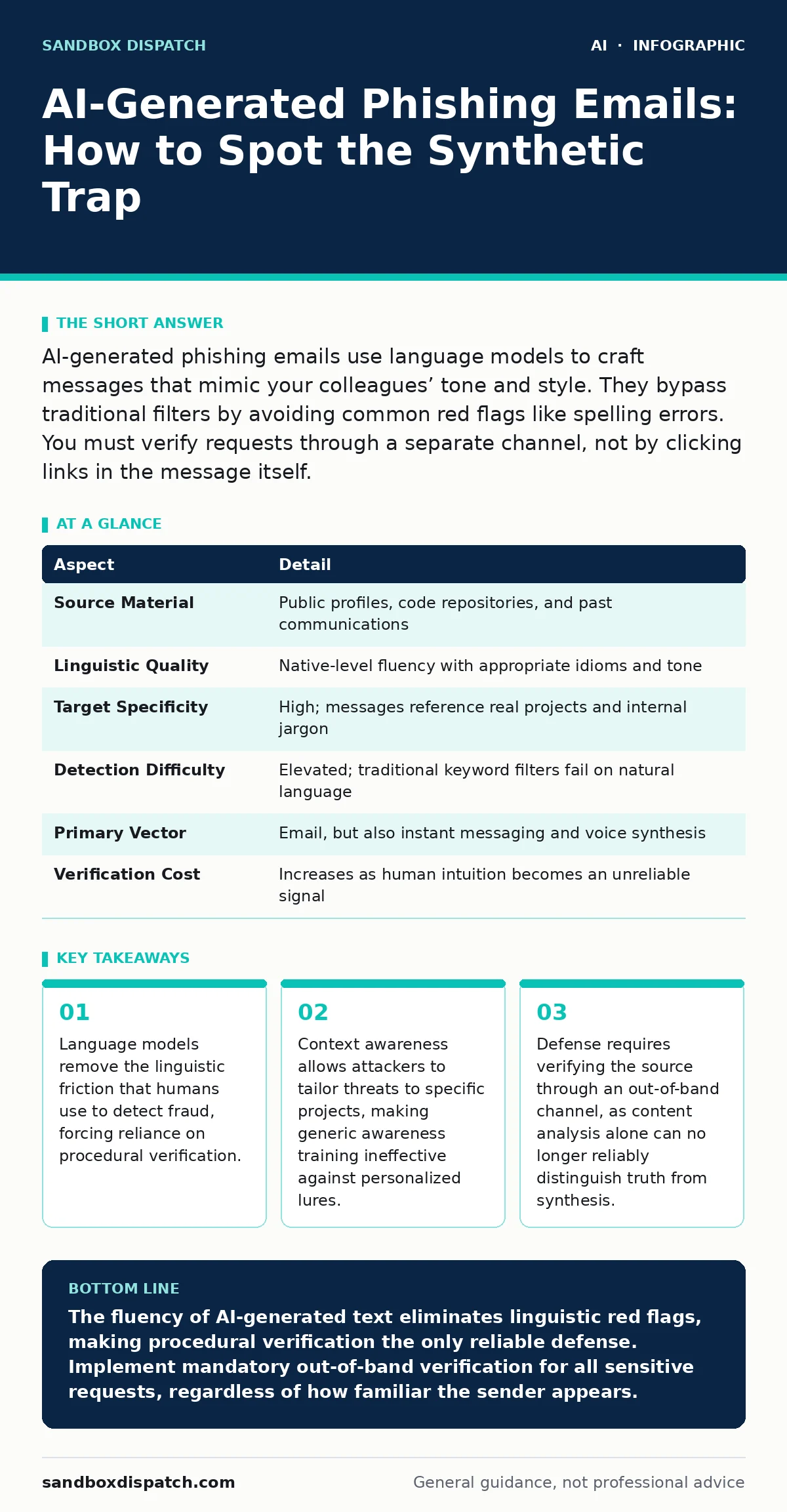 Infographic: AI-Generated Phishing Emails: How to Spot the Synthetic Trap. Language models remove the linguistic friction that humans use to detect fraud, forcing reliance on procedural verification. Context awareness allows attackers to tailor threats to specific projects, making generic awareness